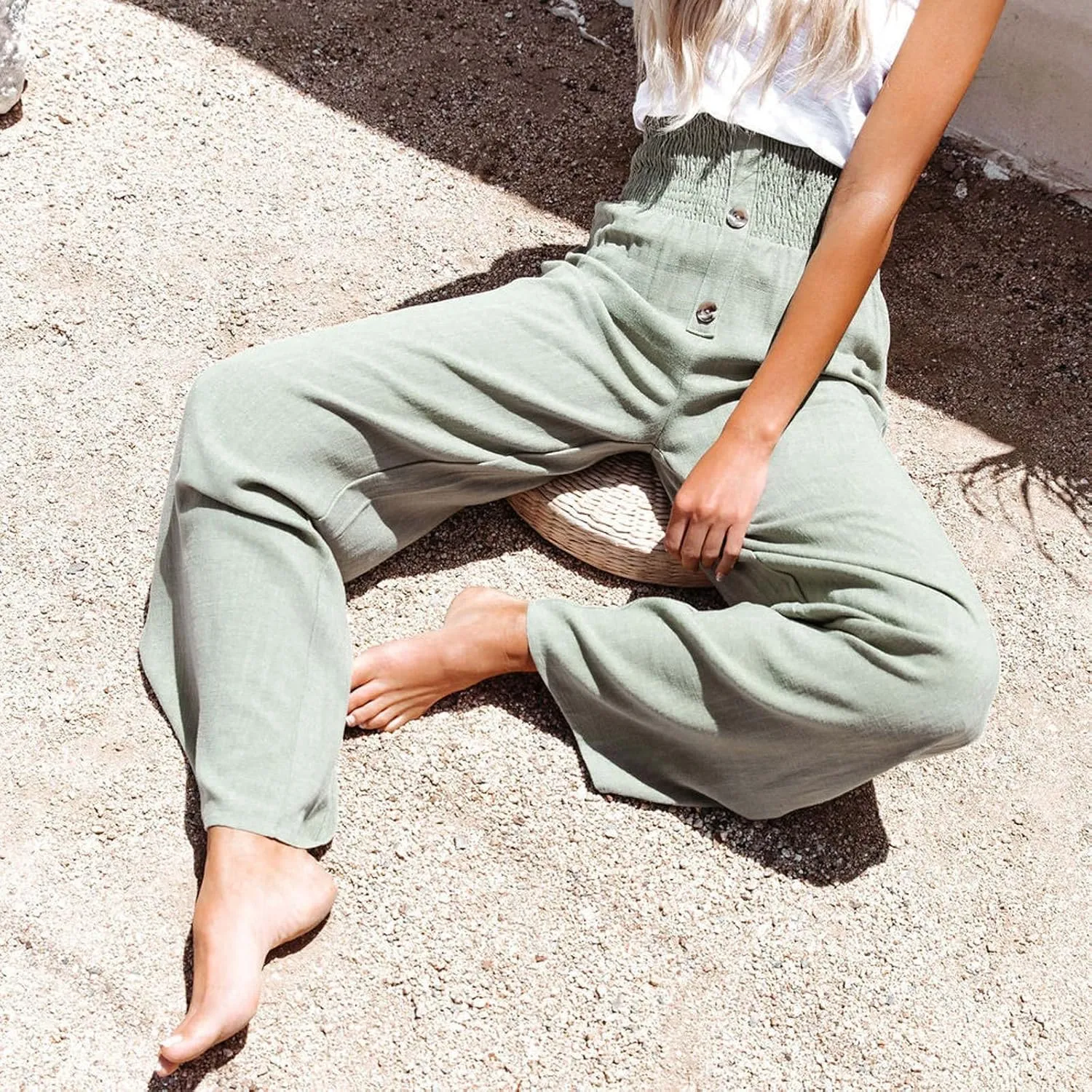 Ceboyel Womens Button Linen Pants Beach Palazzo Pants Straight Wide Leg Palazzo Pants Boho Casual Flowy Lounge Trousers