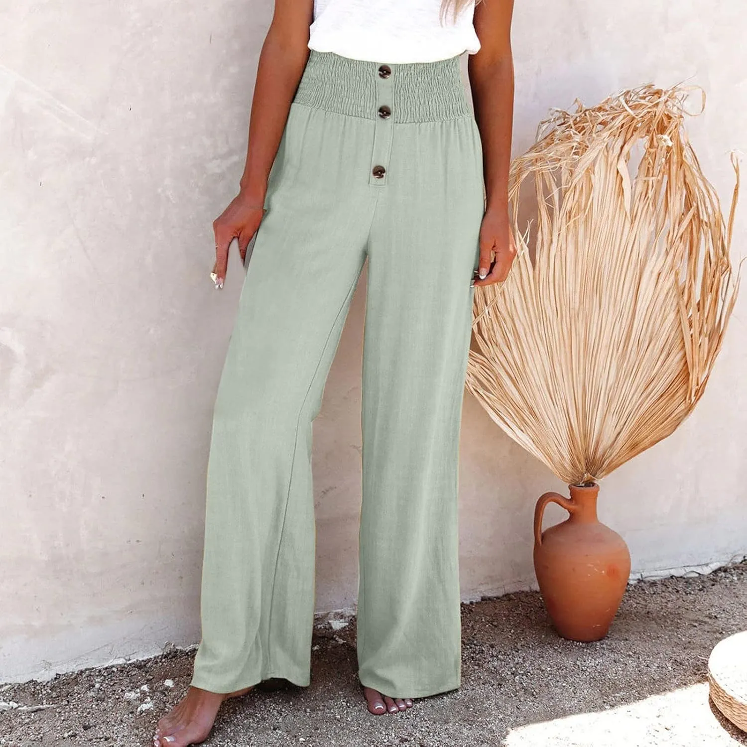 Ceboyel Womens Button Linen Pants Beach Palazzo Pants Straight Wide Leg Palazzo Pants Boho Casual Flowy Lounge Trousers