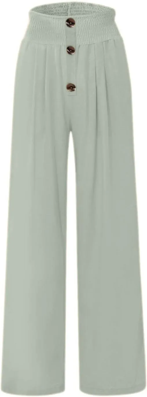 Ceboyel Womens Button Linen Pants Beach Palazzo Pants Straight Wide Leg Palazzo Pants Boho Casual Flowy Lounge Trousers