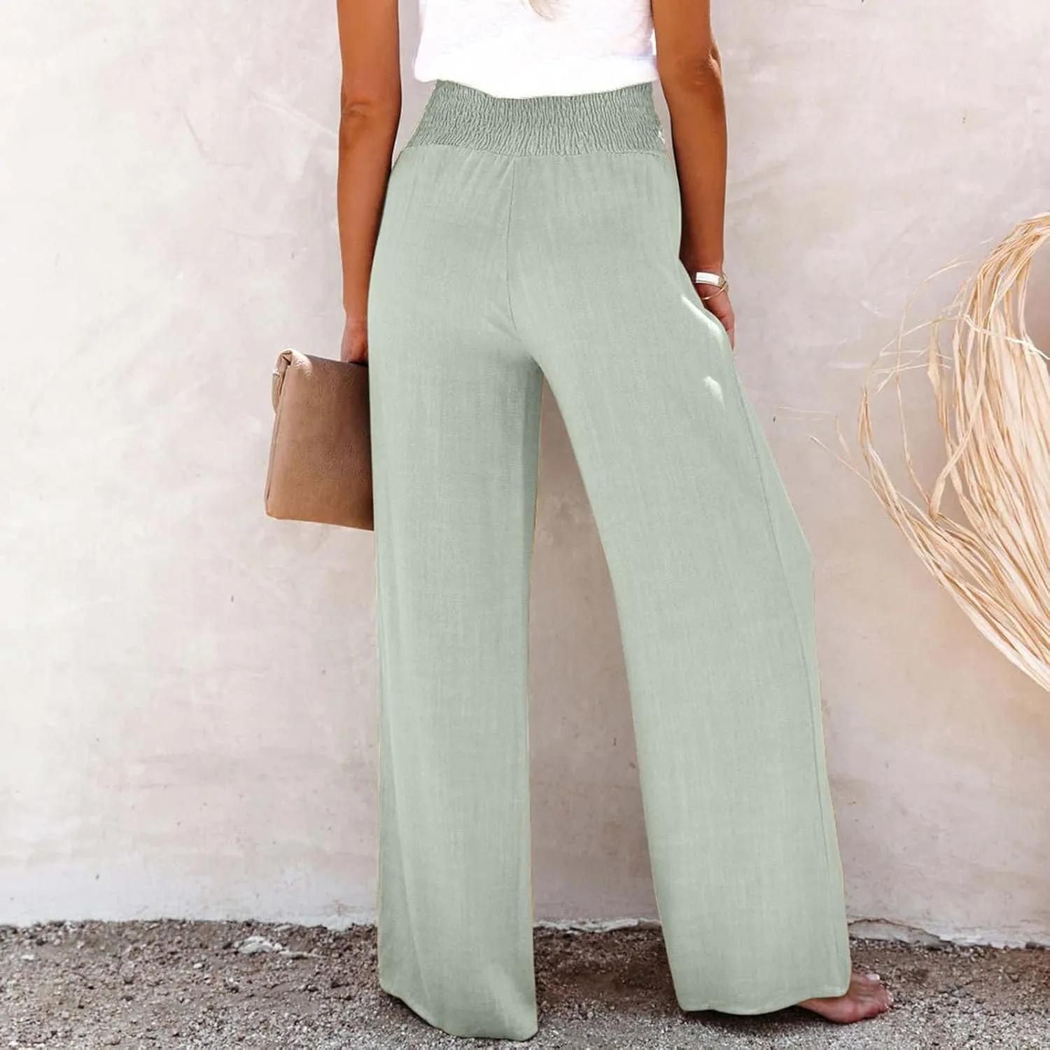 Ceboyel Womens Button Linen Pants Beach Palazzo Pants Straight Wide Leg Palazzo Pants Boho Casual Flowy Lounge Trousers