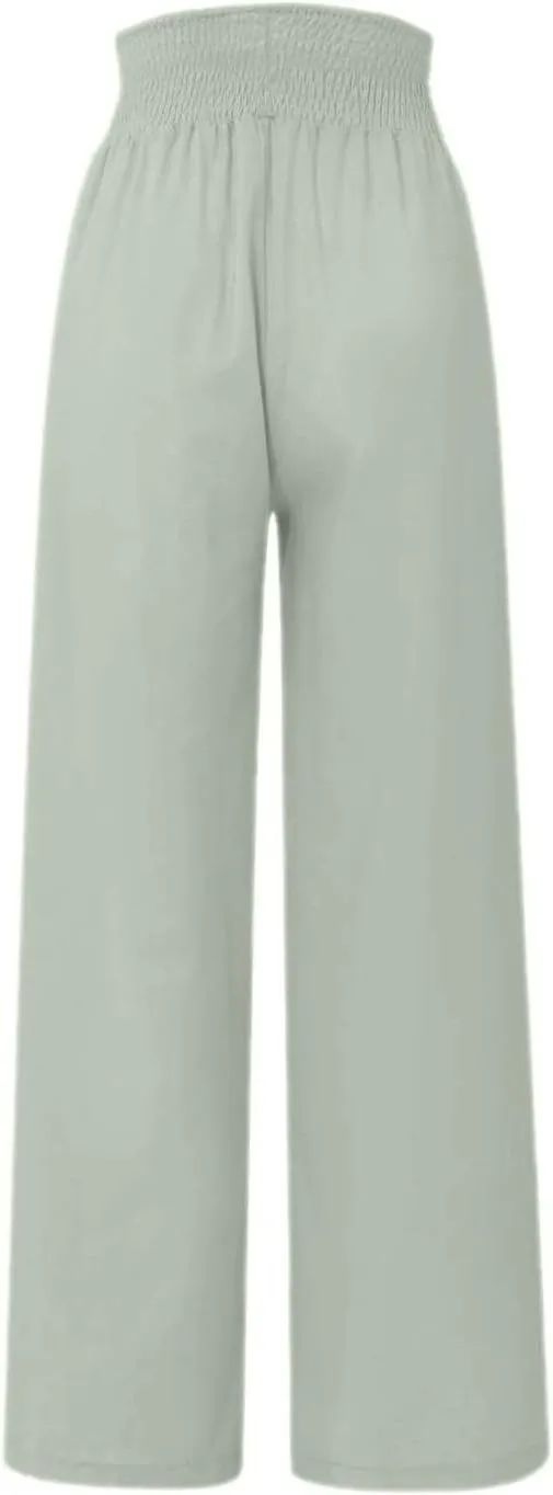 Ceboyel Womens Button Linen Pants Beach Palazzo Pants Straight Wide Leg Palazzo Pants Boho Casual Flowy Lounge Trousers