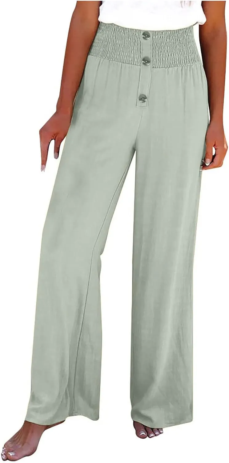Ceboyel Womens Button Linen Pants Beach Palazzo Pants Straight Wide Leg Palazzo Pants Boho Casual Flowy Lounge Trousers