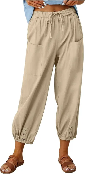 Ceboyel Women's Cotton Linen Lantern Tapered Pants Drawstring Baggy Harem Pants Summer Pants Casual Lounge Trousers 2023