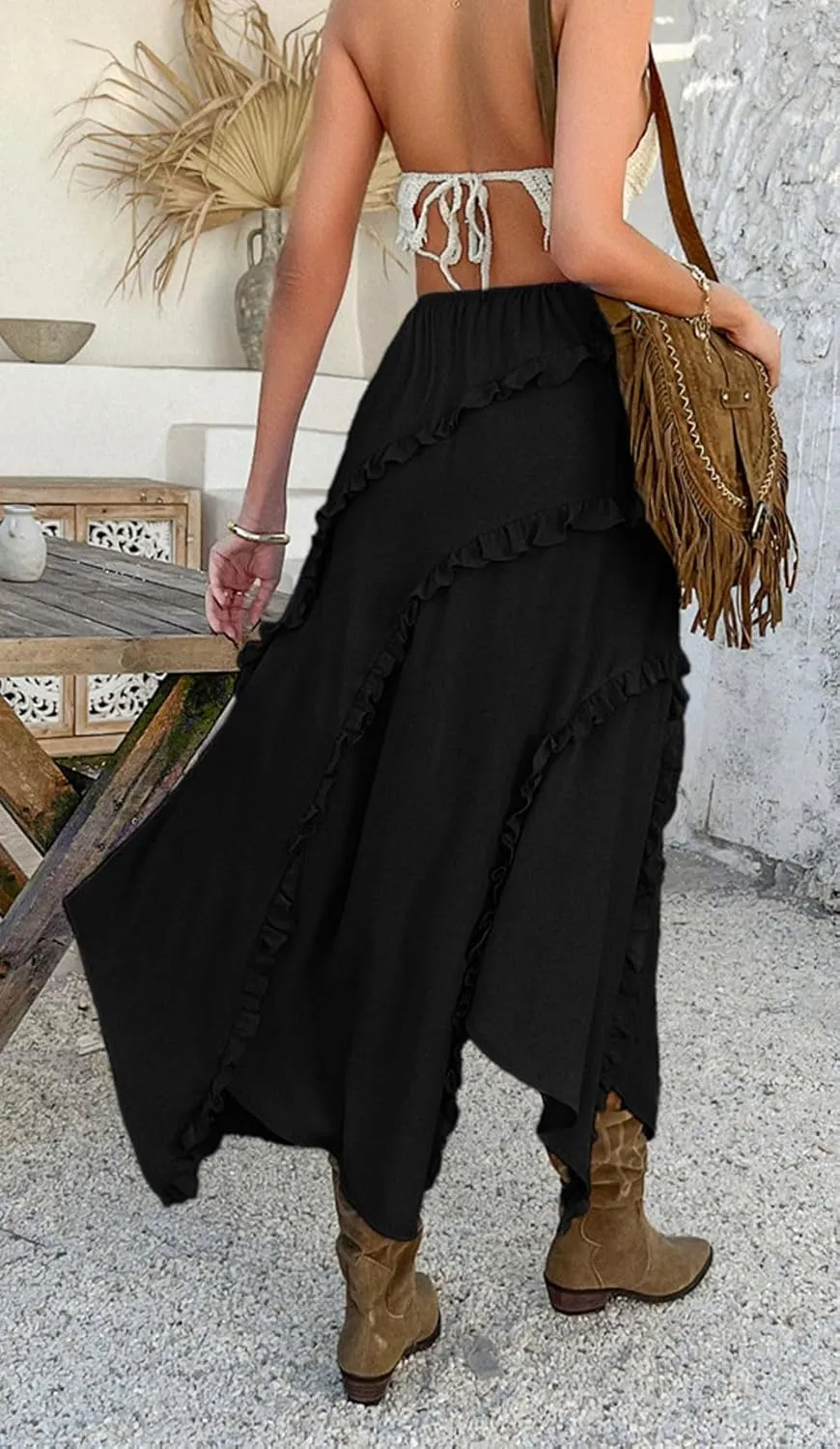 CHARTOU Split Boho Ruffle Skirt for Women Asymmetrical Summer Vacation Long Skirt