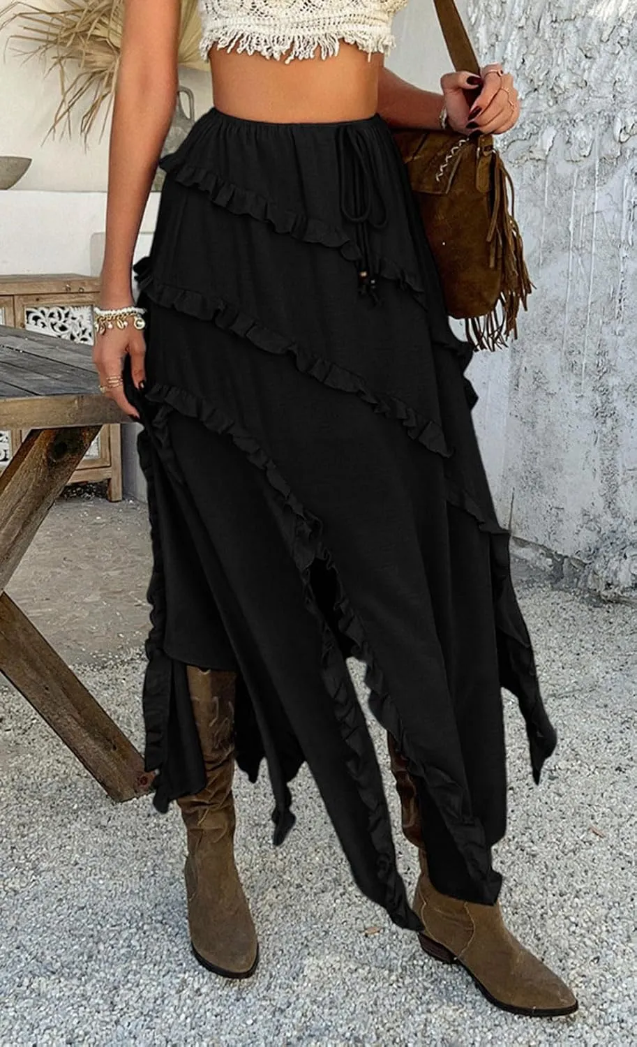 CHARTOU Split Boho Ruffle Skirt for Women Asymmetrical Summer Vacation Long Skirt