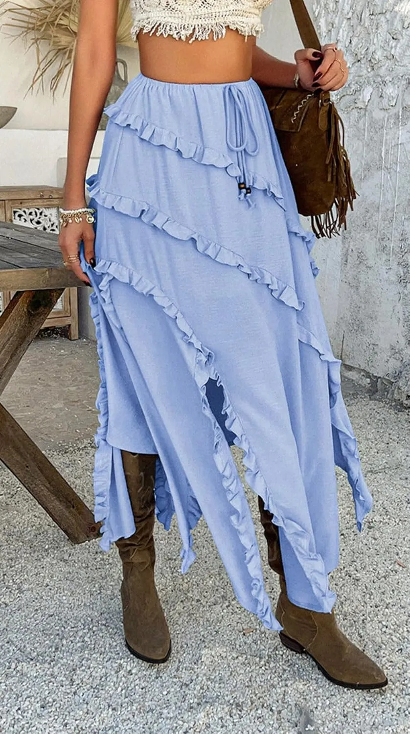 CHARTOU Split Boho Ruffle Skirt for Women Asymmetrical Summer Vacation Long Skirt