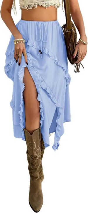 CHARTOU Split Boho Ruffle Skirt for Women Asymmetrical Summer Vacation Long Skirt