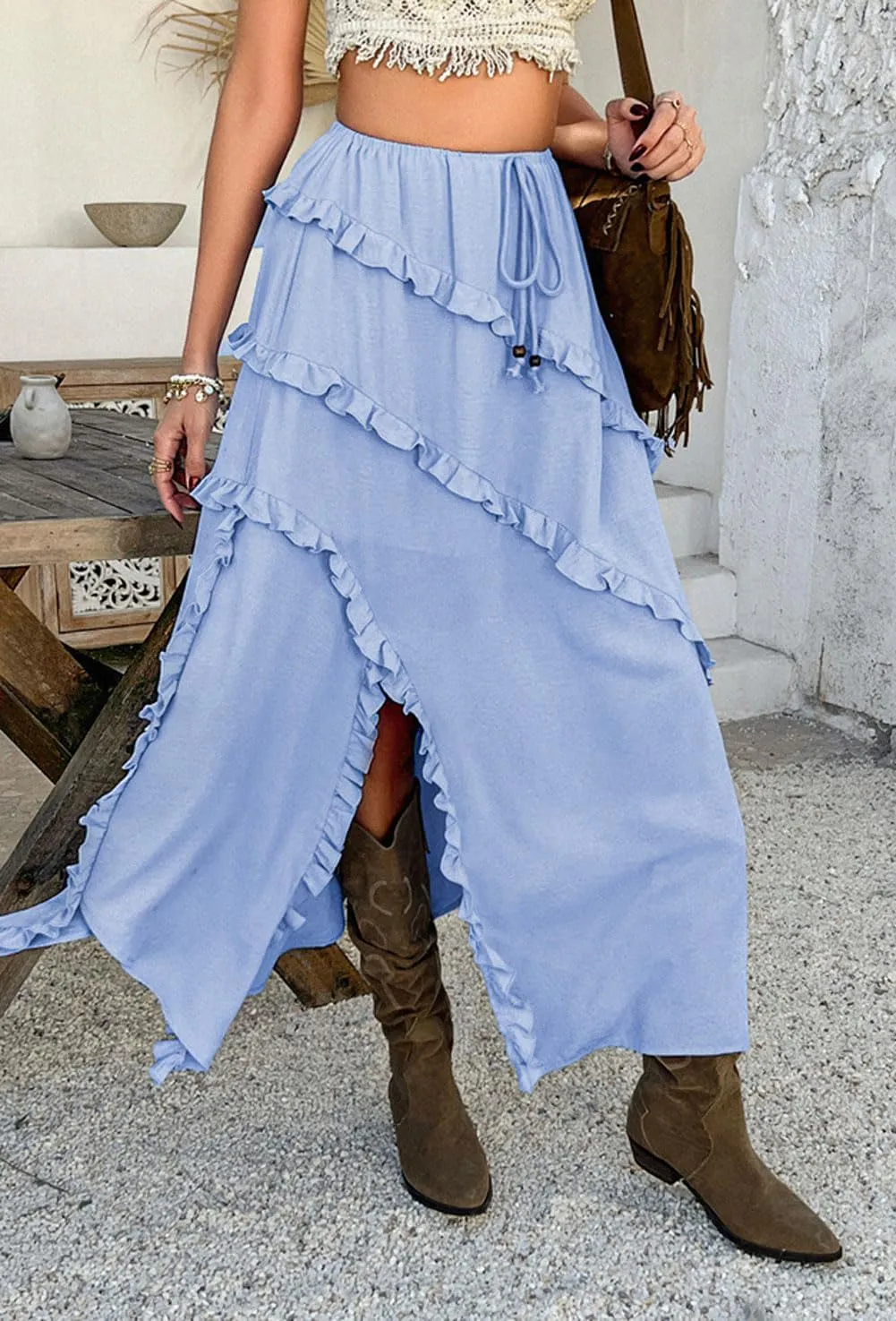 CHARTOU Split Boho Ruffle Skirt for Women Asymmetrical Summer Vacation Long Skirt