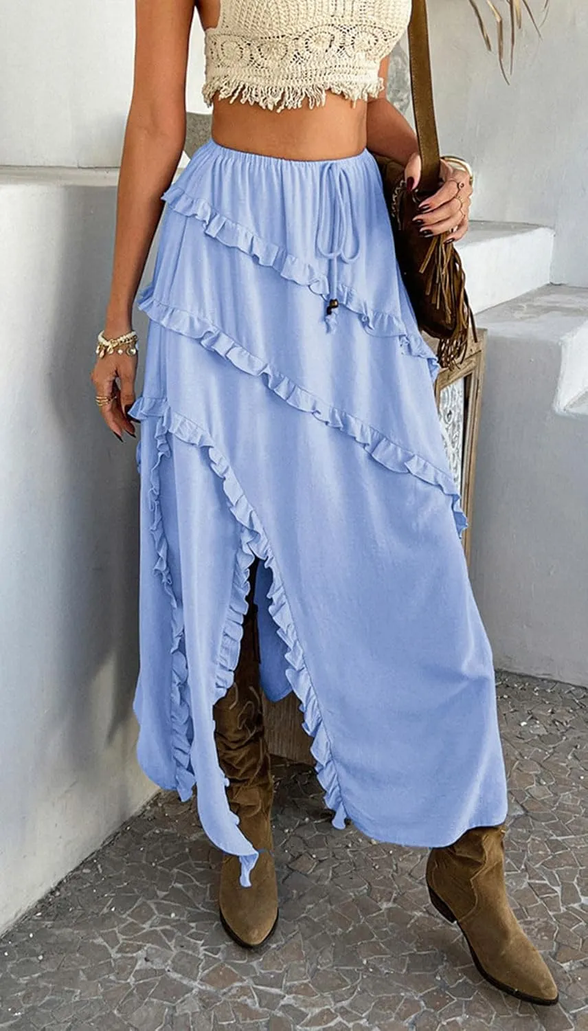 CHARTOU Split Boho Ruffle Skirt for Women Asymmetrical Summer Vacation Long Skirt