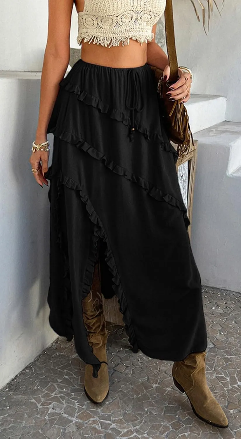 CHARTOU Split Boho Ruffle Skirt for Women Asymmetrical Summer Vacation Long Skirt