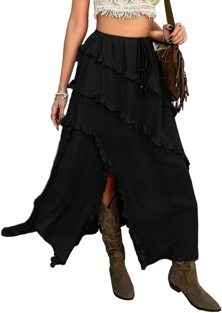 CHARTOU Split Boho Ruffle Skirt for Women Asymmetrical Summer Vacation Long Skirt
