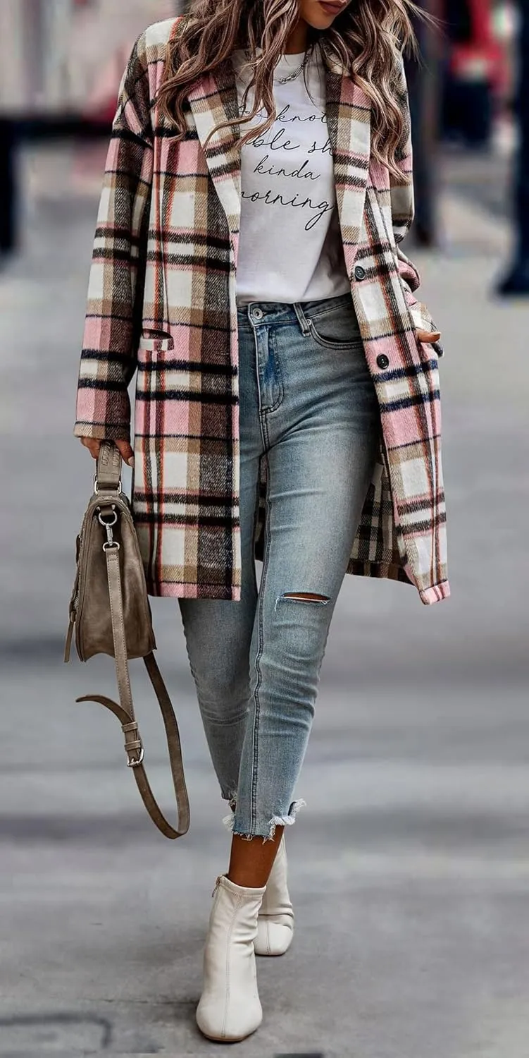 CHARTOU Women's Plaid Shacket Causal Notched Collar Wool Blend Tartan Blazer Trench Coat