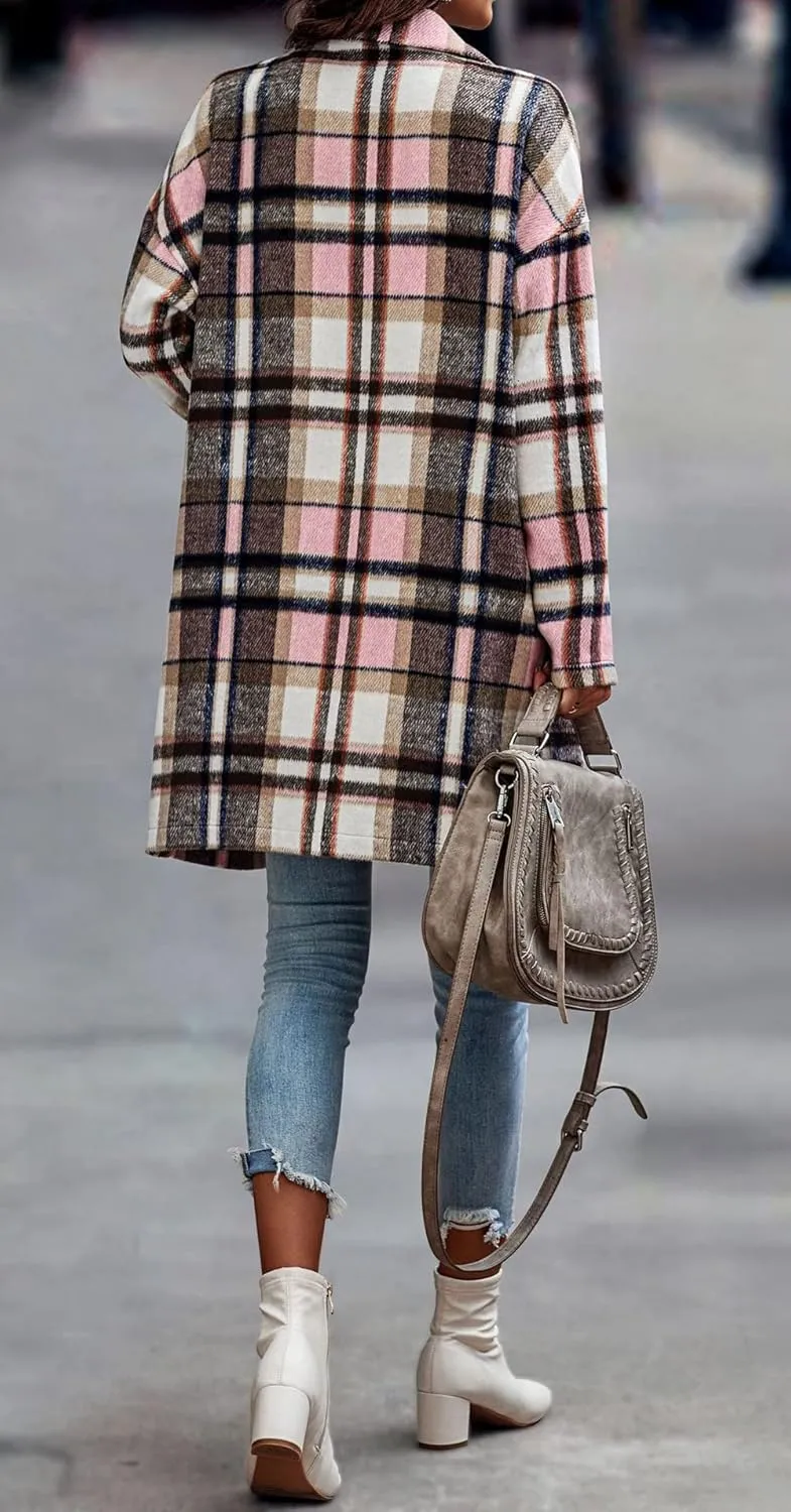 CHARTOU Women's Plaid Shacket Causal Notched Collar Wool Blend Tartan Blazer Trench Coat
