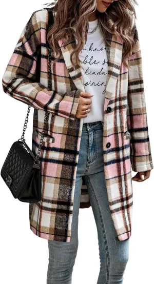 CHARTOU Women's Plaid Shacket Causal Notched Collar Wool Blend Tartan Blazer Trench Coat