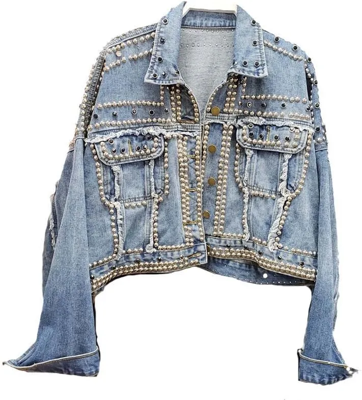CHONG FENG XIA Women Punk Style Rivet Denim Jacket Womens Jeans Jackets And Coats Streetwear Short Batwing Jacket