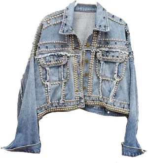 CHONG FENG XIA Women Punk Style Rivet Denim Jacket Womens Jeans Jackets And Coats Streetwear Short Batwing Jacket