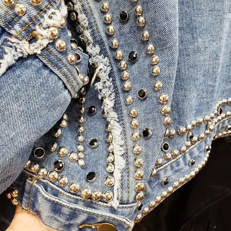 CHONG FENG XIA Women Punk Style Rivet Denim Jacket Womens Jeans Jackets And Coats Streetwear Short Batwing Jacket
