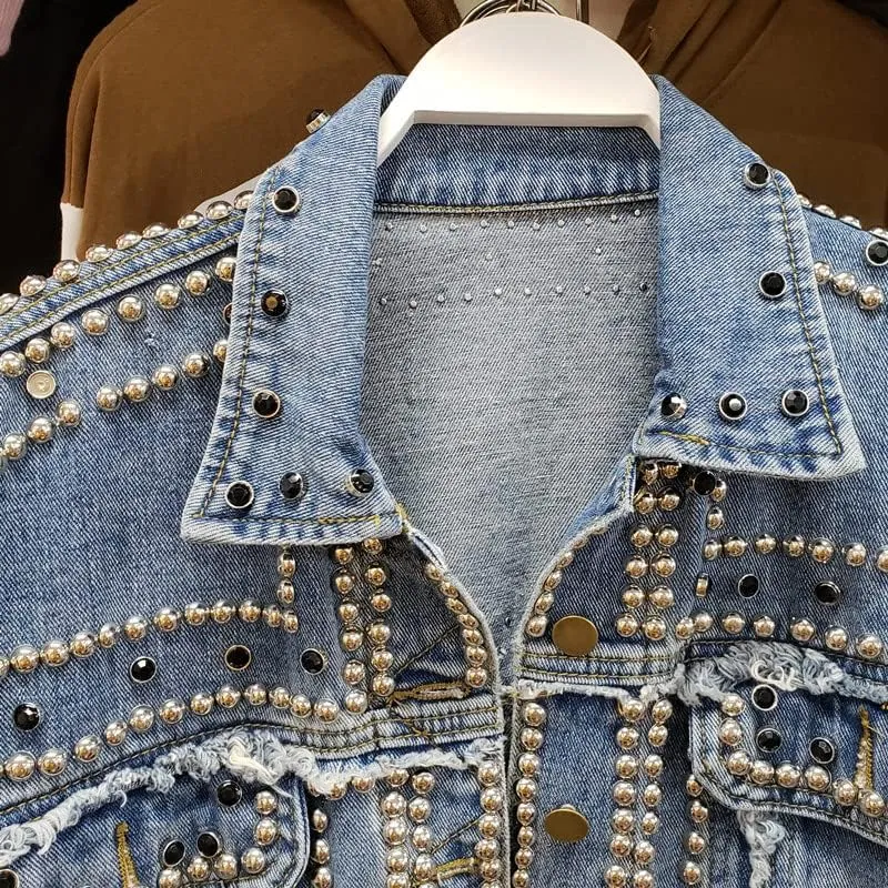 CHONG FENG XIA Women Punk Style Rivet Denim Jacket Womens Jeans Jackets And Coats Streetwear Short Batwing Jacket