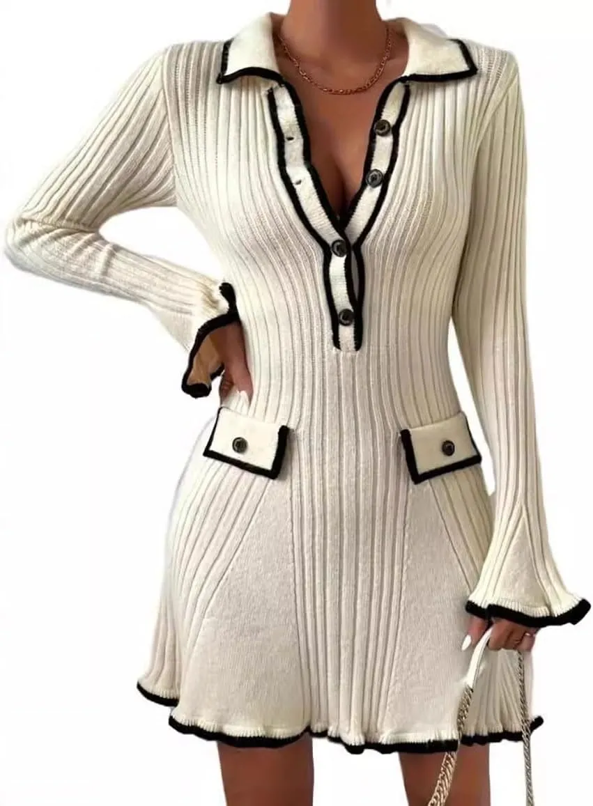 chouyatou CHOUAYTOU Women's Fall Polo Collared Ribbed Knit Sweater Dress Color Block Button Down Mini Dress