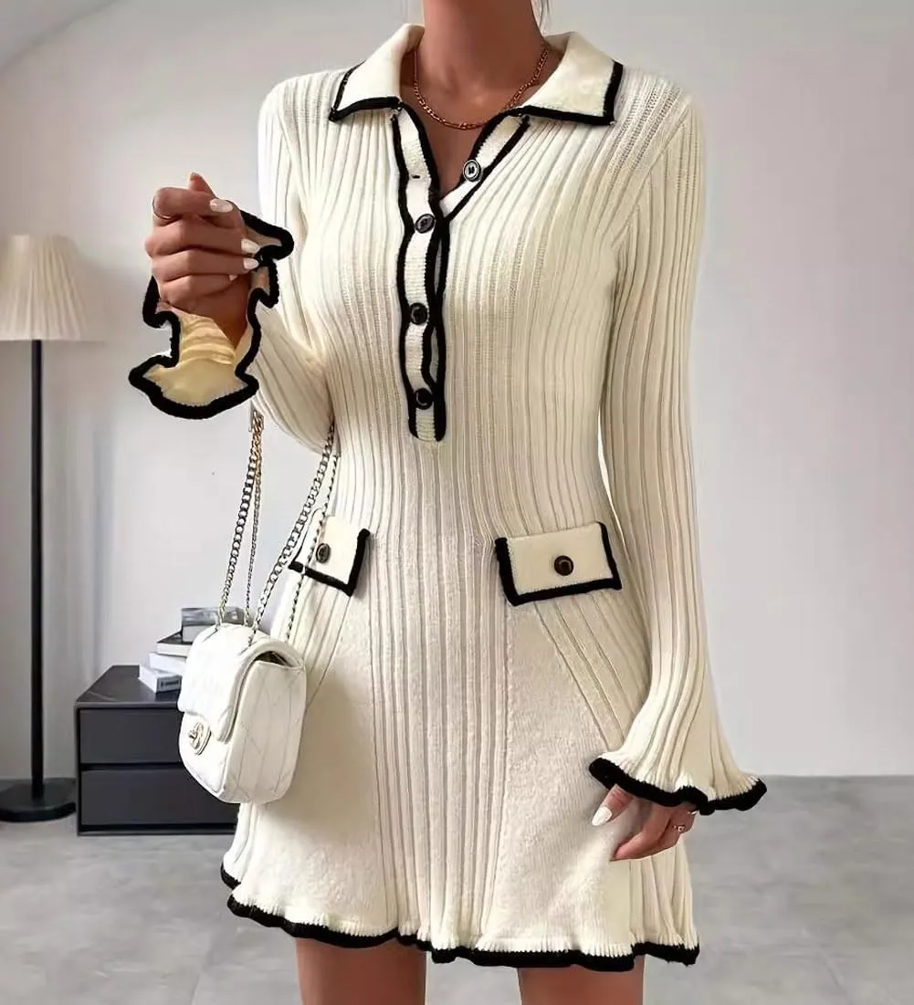 chouyatou CHOUAYTOU Women's Fall Polo Collared Ribbed Knit Sweater Dress Color Block Button Down Mini Dress