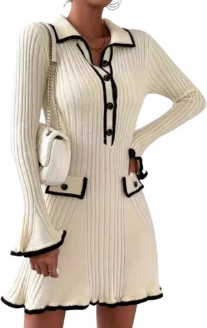 chouyatou CHOUAYTOU Women's Fall Polo Collared Ribbed Knit Sweater Dress Color Block Button Down Mini Dress
