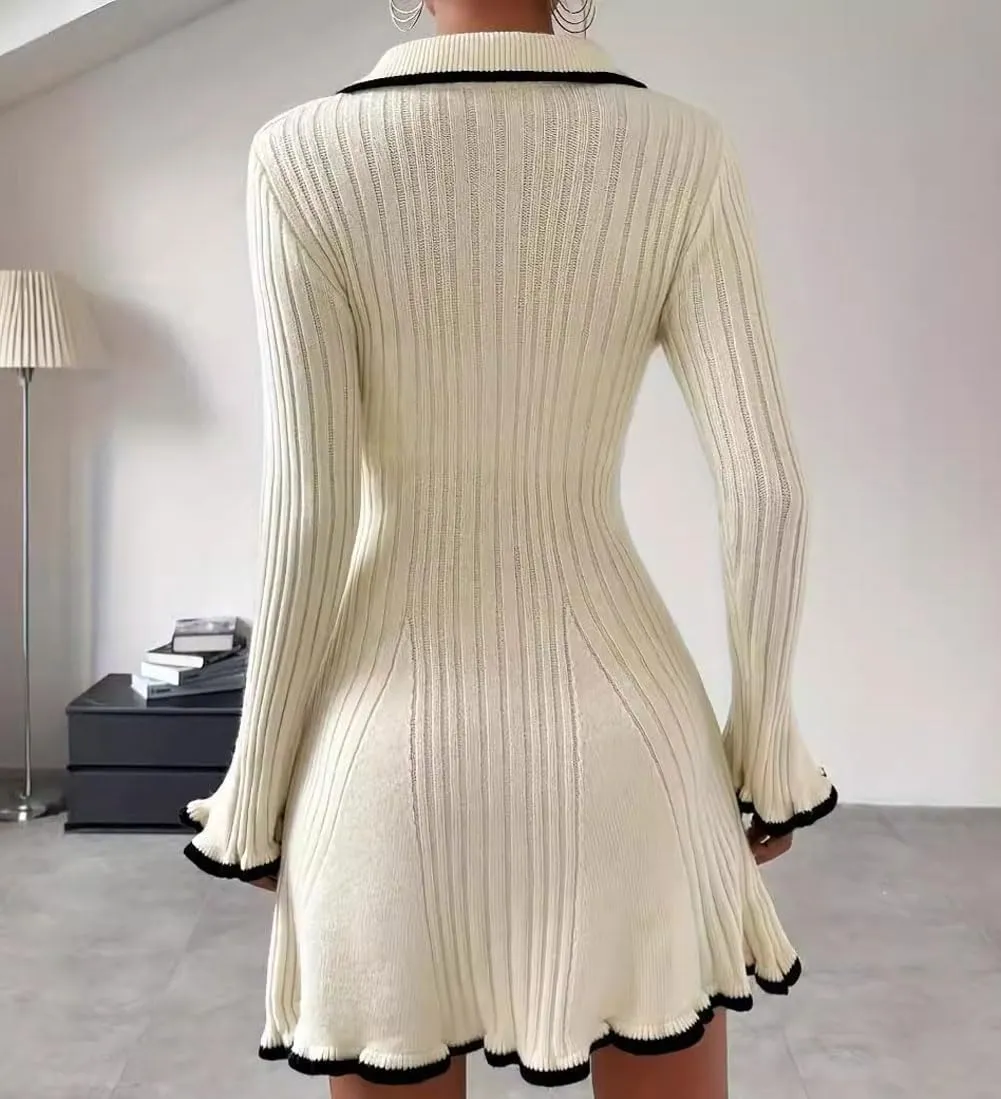 chouyatou CHOUAYTOU Women's Fall Polo Collared Ribbed Knit Sweater Dress Color Block Button Down Mini Dress