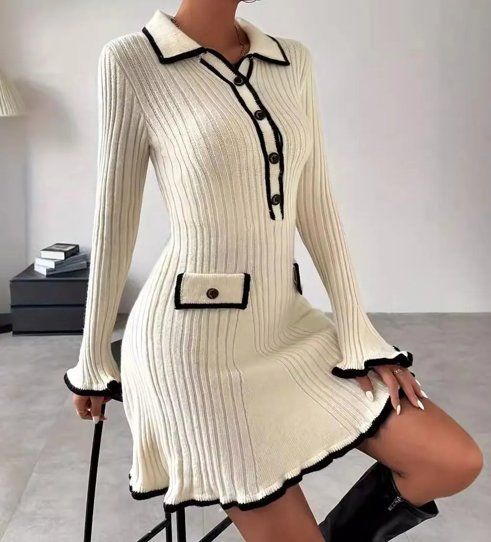 chouyatou CHOUAYTOU Women's Fall Polo Collared Ribbed Knit Sweater Dress Color Block Button Down Mini Dress