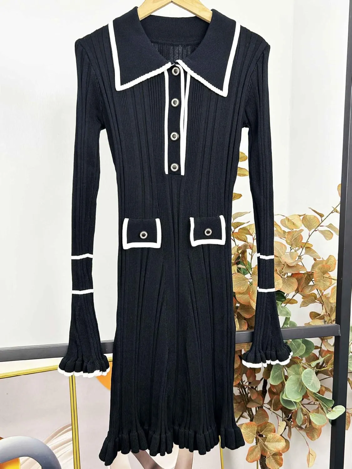 chouyatou CHOUAYTOU Women's Fall Polo Collared Sweater Dress Color Block Button Down Mini Office Work Dress