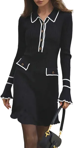 chouyatou CHOUAYTOU Women's Fall Polo Collared Sweater Dress Color Block Button Down Mini Office Work Dress