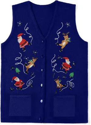 Christmas Vest for Women Reindeer Santa Snowman Embroidery Sweater Sleeveless Ugly Xmas Knit Tank Top