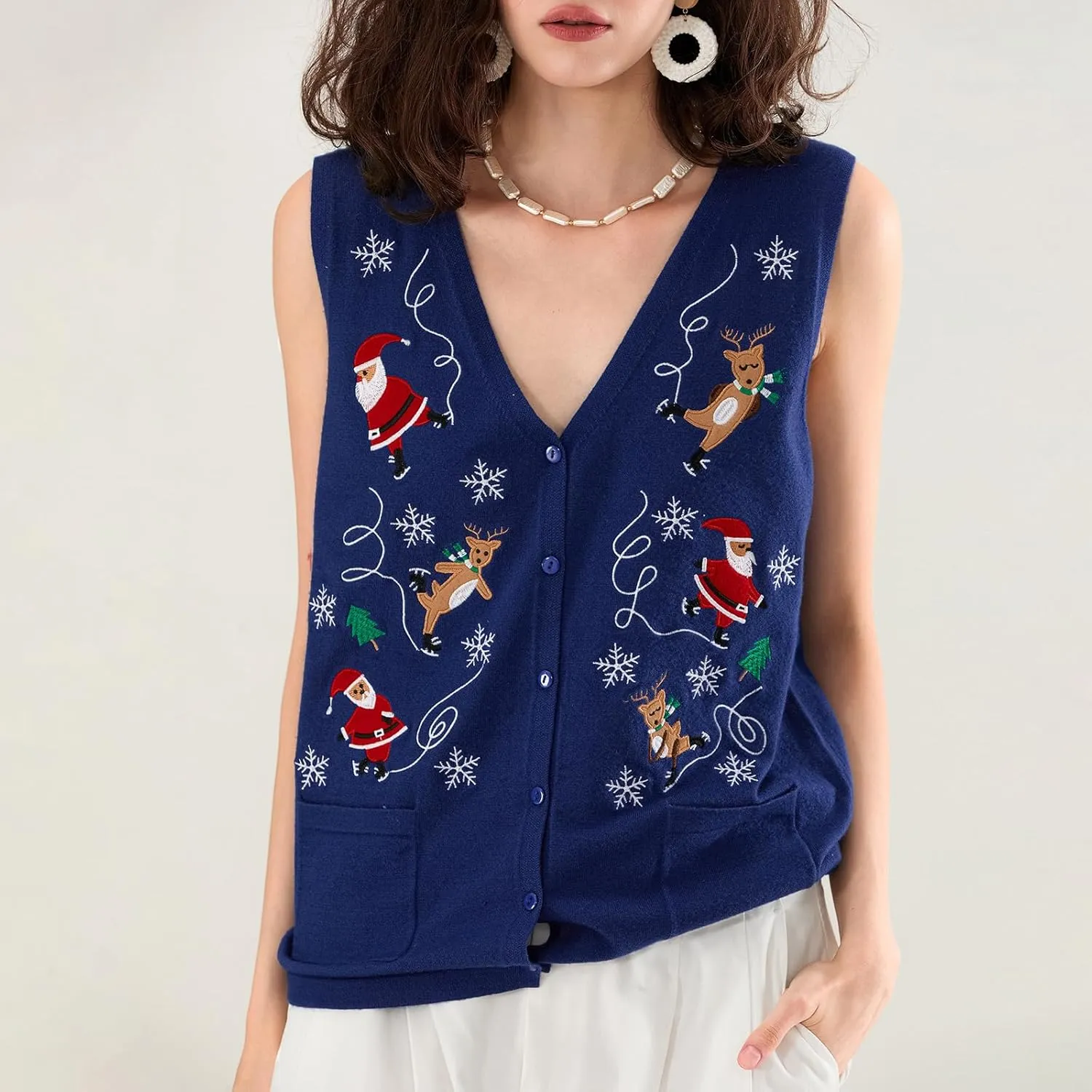 Christmas Vest for Women Reindeer Santa Snowman Embroidery Sweater Sleeveless Ugly Xmas Knit Tank Top