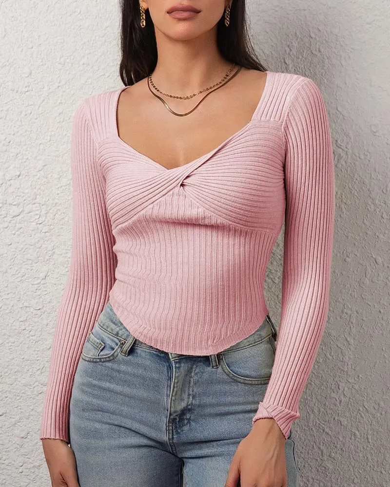CHYRII Womens Sexy Fall Fashion Twisted Tops Ribbed Knit Winter Pullover Sweater Going Out Crop Tops
