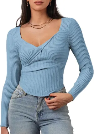 CHYRII Womens Sexy Fall Fashion Twisted Tops Ribbed Knit Winter Pullover Sweater Going Out Crop Tops