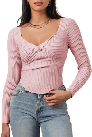 CHYRII Womens Sexy Fall Fashion Twisted Tops Ribbed Knit Winter Pullover Sweater Going Out Crop Tops