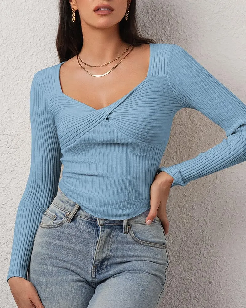 CHYRII Womens Sexy Fall Fashion Twisted Tops Ribbed Knit Winter Pullover Sweater Going Out Crop Tops