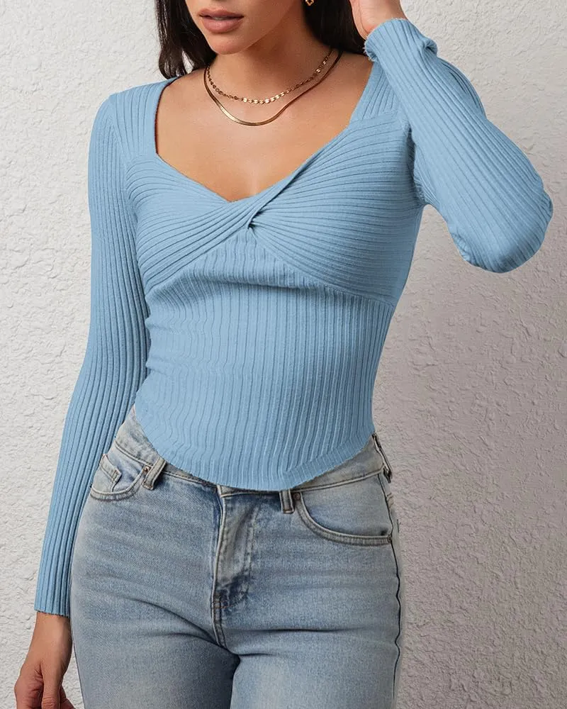 CHYRII Womens Sexy Fall Fashion Twisted Tops Ribbed Knit Winter Pullover Sweater Going Out Crop Tops