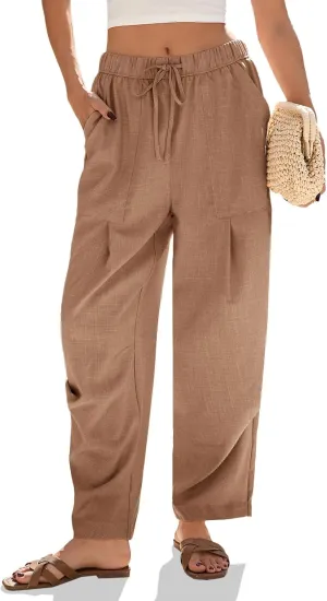 Cicy Bell Womens Beach Harem Pants Baggy Wide Leg Drawstring Summer Linen Palazzo Pants with Pockets