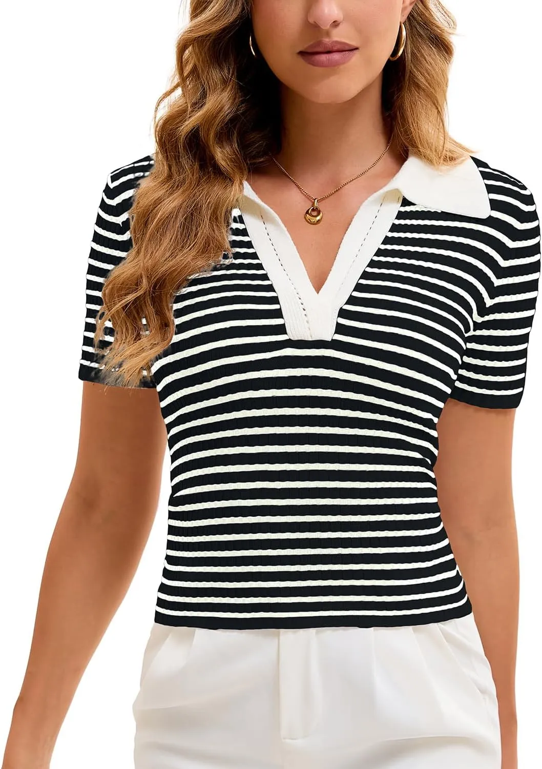 Cioatin Women Short Sleeve Striped Knit Polo Crop Shirt Tops Vintage Collar V Neck Slim Fit T-Shirt Aesthetic Going Out