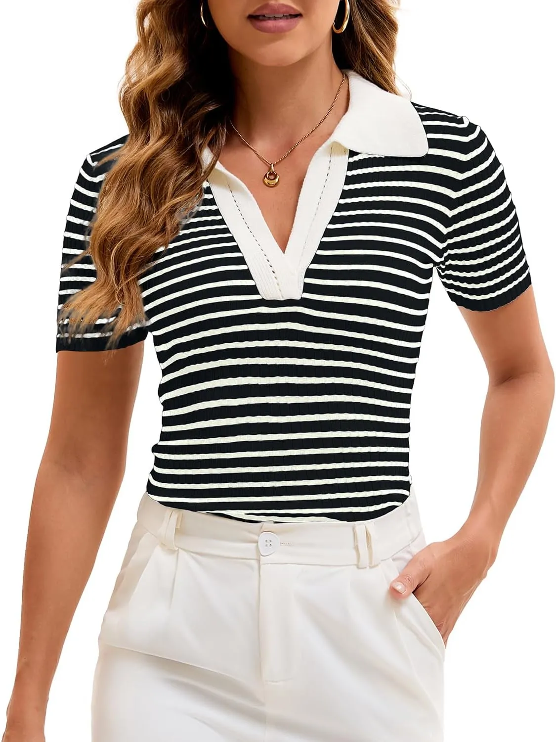 Cioatin Women Short Sleeve Striped Knit Polo Crop Shirt Tops Vintage Collar V Neck Slim Fit T-Shirt Aesthetic Going Out