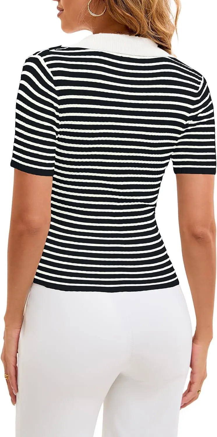 Cioatin Women Short Sleeve Striped Knit Polo Crop Shirt Tops Vintage Collar V Neck Slim Fit T-Shirt Aesthetic Going Out