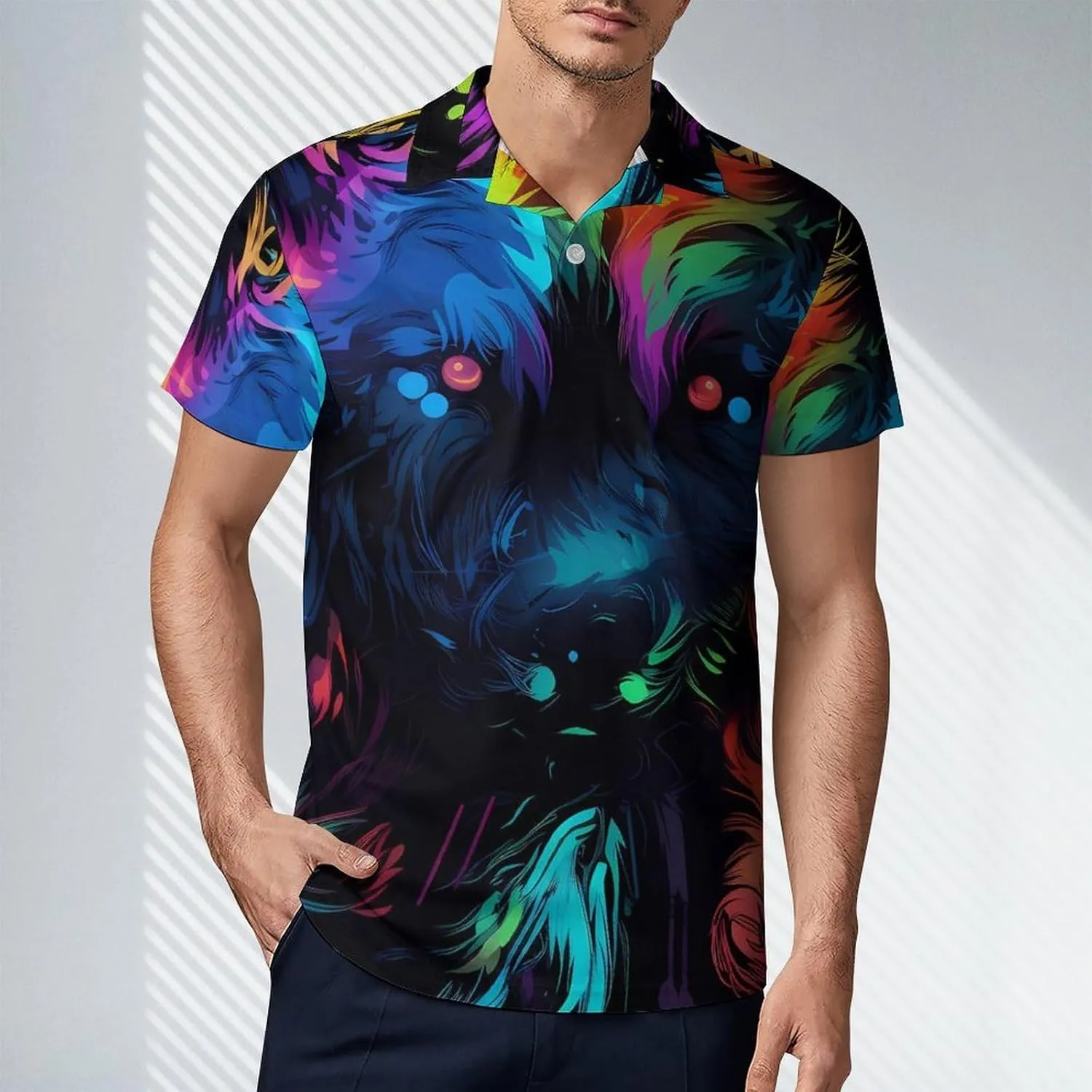 Colorful Wolf Men's Polo Shirt Short Sleeve Casual Athletic Quick Dry Golf T-Shirts