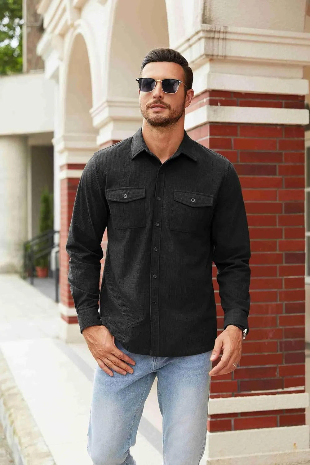 COOFANDY Men's Button Down Waffle Shirt Jacket Casual Long Sleeve Shacket Lightweight Overshirts with Flap Pockets