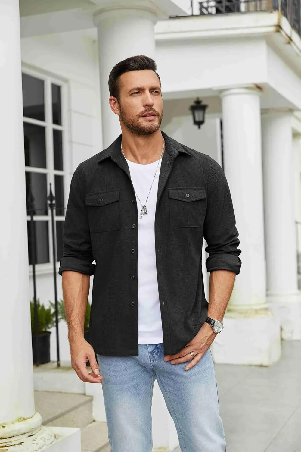 COOFANDY Men's Button Down Waffle Shirt Jacket Casual Long Sleeve Shacket Lightweight Overshirts with Flap Pockets