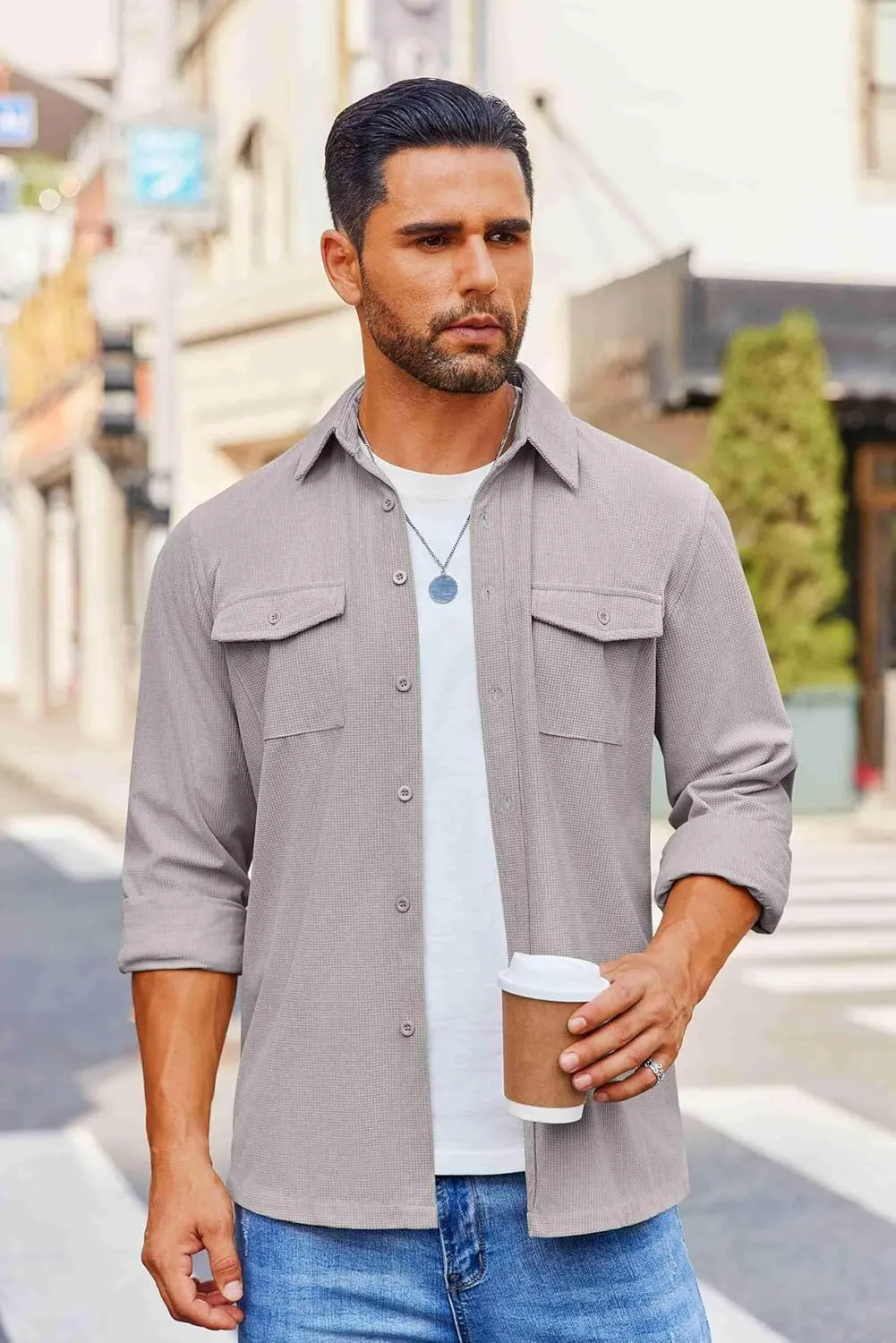 COOFANDY Men's Button Down Waffle Shirt Jacket Casual Long Sleeve Shacket Lightweight Overshirts with Flap Pockets