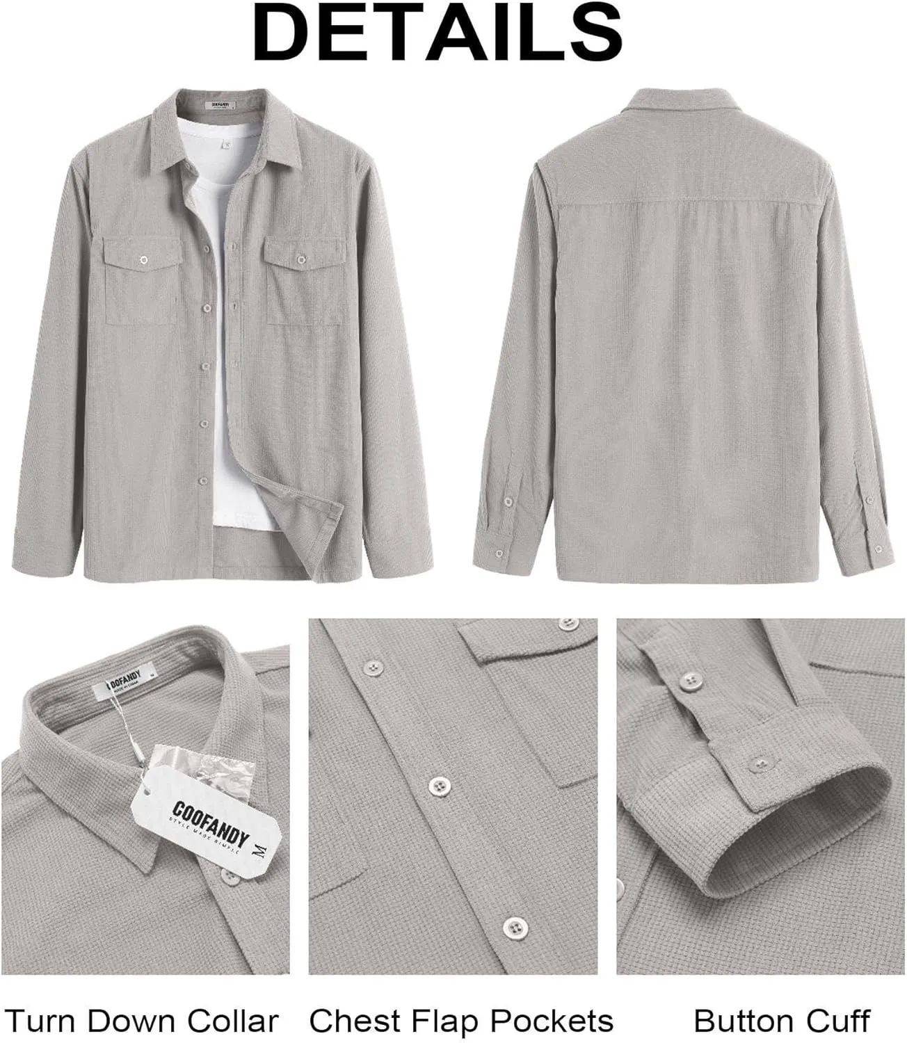 COOFANDY Men's Button Down Waffle Shirt Jacket Casual Long Sleeve Shacket Lightweight Overshirts with Flap Pockets
