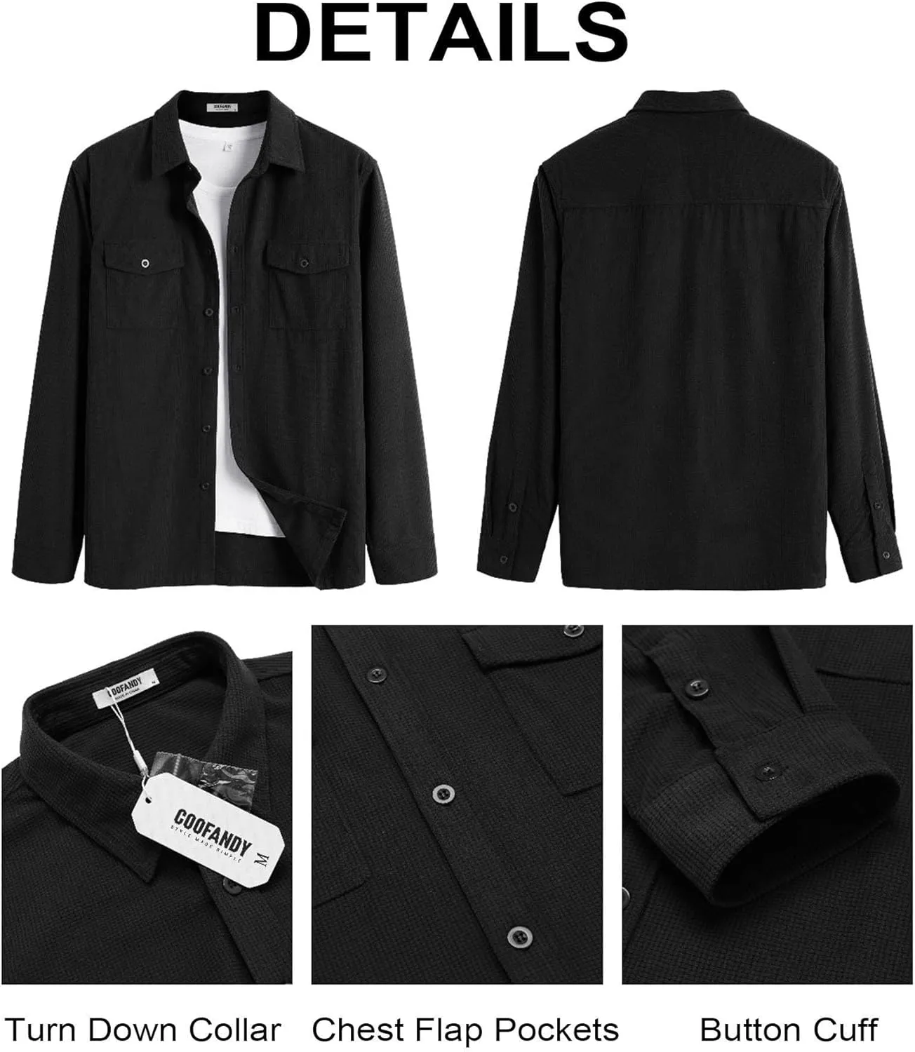 COOFANDY Men's Button Down Waffle Shirt Jacket Casual Long Sleeve Shacket Lightweight Overshirts with Flap Pockets