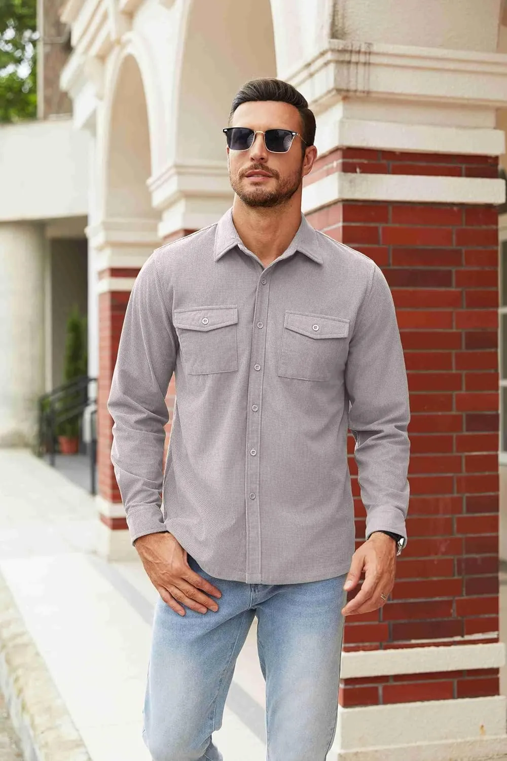 COOFANDY Men's Button Down Waffle Shirt Jacket Casual Long Sleeve Shacket Lightweight Overshirts with Flap Pockets
