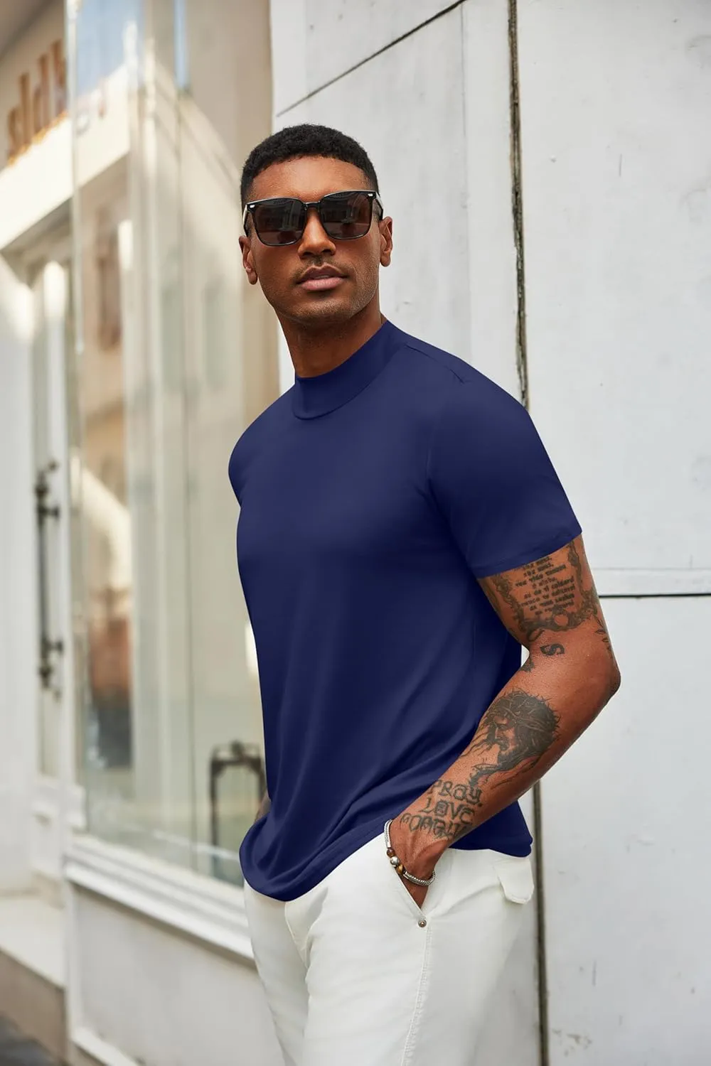 COOFANDY Men's Mock Turtleneck T Shirt Short Sleeve Slim Fit Basic Casual Undershirt Solid Color Pullover Tee