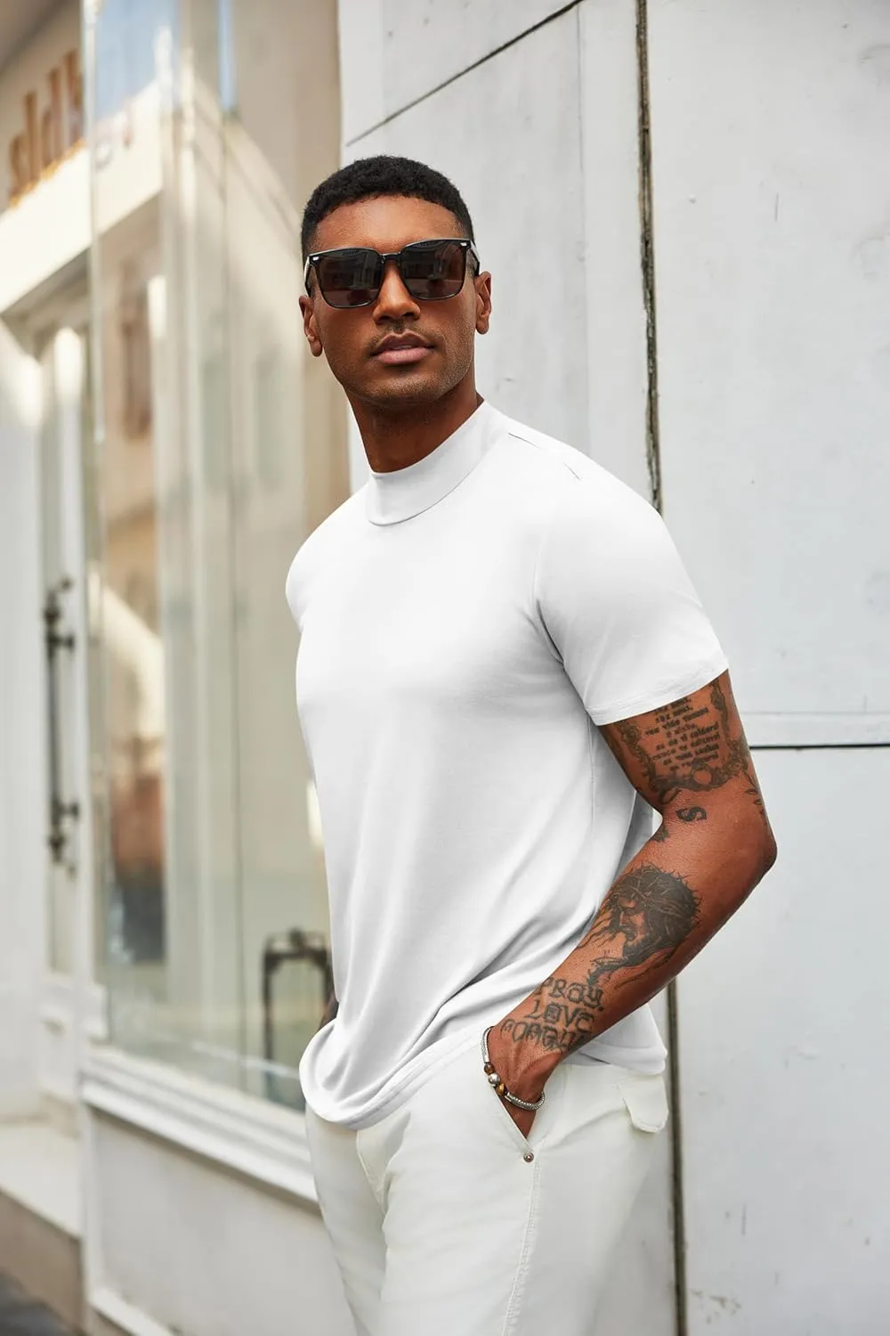 COOFANDY Men's Mock Turtleneck T Shirt Short Sleeve Slim Fit Basic Casual Undershirt Solid Color Pullover Tee