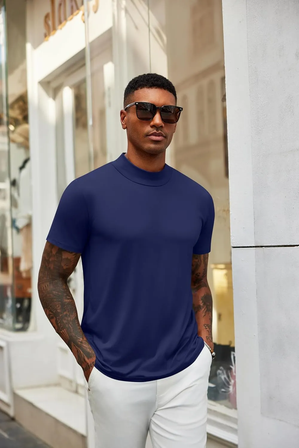 COOFANDY Men's Mock Turtleneck T Shirt Short Sleeve Slim Fit Basic Casual Undershirt Solid Color Pullover Tee